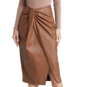 Front Faux Leather Midi Skirt in Brown